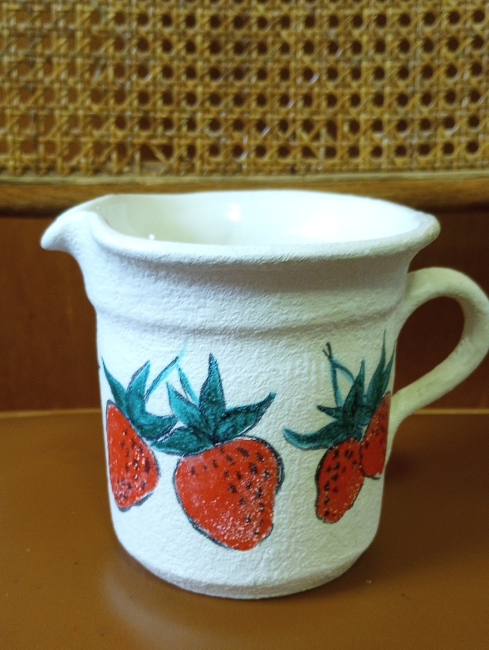Strawberry Painted Pottery Vintage Country Pitcher. Creamy White, Red & Green